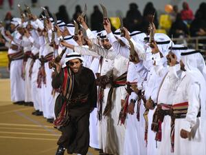 Saudi traditional dancers perform during the Janadriyah festival of Heritage and Culture held in the Saudi village of Al-Thamama, 50 kilometres north of the capital Riyadh, on February 8, 2016. (AFP / FAYEZ NURELDINE)