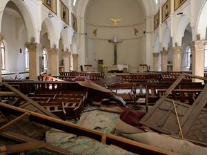 The interior of a church is pictured in the aftermath of yesterday's blast that tore through Lebanon's capital and resulted from the ignition of a huge depot of ammonium nitrate at Beirut's port, on August 5, 2020. AFP