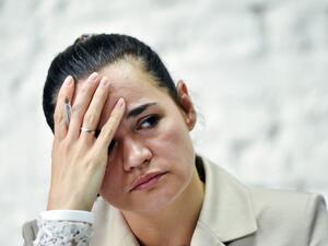 Presidential candidate Svetlana Tikhanovskaya holds a press conference the day after Belarus' presidential election in Minsk on August 10, 2020. Sergei GAPON / AFP
