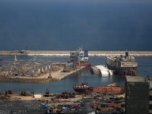 This picture taken on August 13, 2020, shows a partial view of the Beirut port more than a week after a massive blast there ravaged parts of the Lebanese capital. The massive chemical blast on August 4 at a Beirut port warehouse left scores of people dead or wounded. PATRICK BAZ / AFP