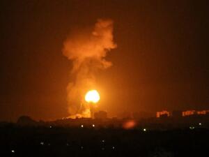 Smoke and flames rise after Israeli army war planes carried out airstrikes over Khan Yunis, Gaza Strip on August 16, 2020. The Israeli army said it carried out fresh air strikes against Hamas positions in the Gaza Strip on August 16, in response to firebombs sent into Israeli territory attached to balloons. SAID KHATIB / AFP