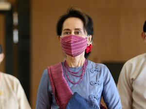 Myanmar's State Counsellor Aung San Suu Kyi attends a meeting of the Union Peace Dialogue during the 4th Union Peace Conference (21st Century Panglong) at the Myanmar International Convention Center in Naypyidaw on August 20, 2020. THET AUNG / AFP