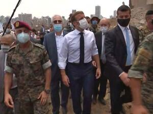 A video grab shows French President Emmanuel Macron inspecting the damages at the port of Lebanon’s capital Beirut, August 6, 2020.  (AFP)