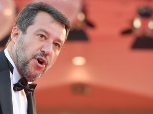 Italian senator and head of the Lega party, Matteo Salvini arrives for the screening of the film "Padrenostro" presented in competition on the third day of the 77th Venice Film Festival, on September 4, 2020 at Venice Lido, during the COVID-19 infection, caused by the novel coronavirus. Tiziana FABI / AFP