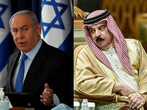 This combination of pictures created on September 11, 2020 shows (L) Israeli Prime Minister Benjamin Netanyahu chairing the weekly cabinet meeting in Jerusalem on June 28, 2020, and (R) King Hamad bin Isa Al Khalifa of Bahrain, speaking with another delegate during the 40th Gulf Cooperation Council (GCC) summit held at the Saudi capital Riyadh on December 10, 2019. US President Donald Trump announced on September 11, 2020 a "peace deal" between Israel and Bahrain, which becomes the second Arab country to se