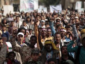 Yemeni supporters of the Houthi movement gesture as they chant slogans during a rally commemorating the death of Shiite Imam Zaid bin Ali in the capital Sanaa, on September 14, 2020. MOHAMMED HUWAIS / AFP