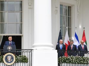 L-R)US President Donald Trump speaks as Israeli Prime Minister Benjamin Netanyahu,UAE Foreign Minister Abdullah bin Zayed Al-Nahyan and Bahrain Foreign Minister Abdullatif al-Zayani listen before they participate in the signing of the Abraham Accords where the countries of Bahrain and the United Arab Emirates recognize Israel, on the South Lawn of the White House in Washington, DC, September 15, 2020. Israeli Prime Minister Benjamin Netanyahu and the foreign ministers of Bahrain and the United Arab Emirates