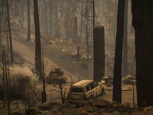 A community of forest homes lies in ruins along Auberry Road in the Meadow Lakes area after the Creek Fire swept through on September 8, 2020 near Shaver Lake, California. (AFP)