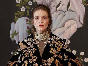 Traveling even if through dreams - Precious embroidery in threads of gold on an oversized bell sleeve jacket reminiscent of Flemish paintings AzziAndOsta (Instagram)