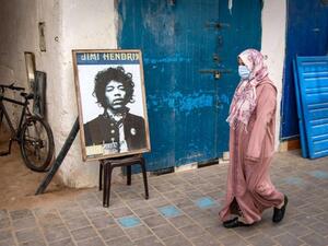 Framed picture of late US guitarist Jimi Hendrix in the Moroccan coastal city of Essaouira. (AFP)