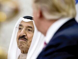 US President Donald Trump (R) and Kuwaiti Emir Sheikh Sabah Ahmad al-Jaber al-Sabah arrive for a joint news conference at the White House in Washington, on September 7. (AFP)