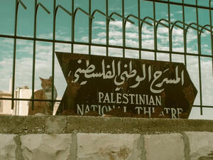 The cat in Old Town Jerusalem is watching tourists from above. Sentence in Hebrew means: Palestinian National Theatre. (Shutterstock/ File Photo)