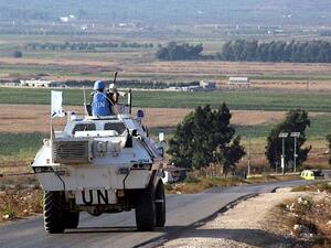 Vehicles belonging to UN peacekeepers drive along a road along the Israel-Lebanon border near the southern Lebanese town of Kfar Kila on September 1, 2019. (Ali Dia/AFP)