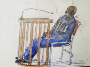 Ths file courtroom sketch made on May 20, 2020 shows Felicien Kabuga, one of the last key suspects in the 1994 Rwandan genocide, wearing a protective face mask as a protection due to the spread of the COVID-19 pandemic, caused by th novel coronavirus as he appeared publicly for the first time at the Paris Court of Appeal. The Court of Cassation in Paris will give its decision on Felicien Kabuga's appeal against his surrender to international justice on September 30, 2020. Accused of being the "financier" of