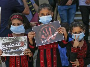 Palestinian children wearing face masks due to the Covid-19 pandemic attend a rally marking the 33rd anniversary of the Islamic Jihad group's founding, in Rafah, in the southern Gaza Strip, on October 6, 2020. SAID KHATIB / AFP
