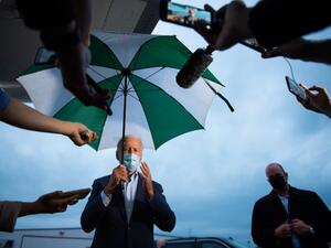 Democratic presidential nominee and former Vice President Joe Biden speaks to the press at the Erie International Airport in Erie, Pennsylvania before returning to Delaware on October 10, 2020. ROBERTO SCHMIDT / AFP