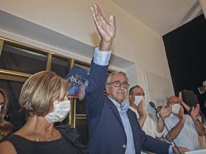 Turkish-Cypriot leader Mustafa Akinci delivers a speech as he celebrates with his supporters after reaching the second round of the Presidential elections in the northern part of Nicosia, the capital of the self-proclaimed Turkish Republic of Northern Cyprus (TRNC). Birol BEBEK / AFP