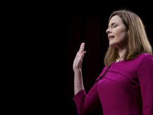 Supreme Court nominee Judge Amy Coney Barrett is sworn into her Senate Judiciary Committee confirmation hearing on Capitol Hill on October 12, 2020 in Washington, DC. Alex Edelman / POOL / AFP