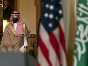 Saudi Minister of Foreign Affairs Prince Faisal bin Farhan Al Saud walks with Secretary of State Mike Pompeo, towards the Treaty Room at the State Department, October 14, 2020, in Washington, DC. US Secretary of State Mike Pompeo on October 14, 2020 encouraged Saudi Arabia to recognize Israel, in what would be a massive boost for the Jewish state amid normalization by two other Gulf Arab kingdoms. Manuel Balce CENETA / POOL / AFP