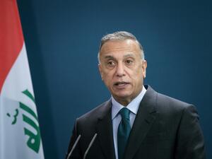 Prime Minister of Iraq Mustafa al-Kadhimi speaks during a joint press conference with German Chancellor Angela Merkel (not in image) at the Chancellery in Berlin on October 20, 2020. STEFANIE LOOS / AFP / POOL