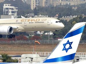 An Etihad Airways plane carrying a delegation from the United Arab Emirates (UAE) on a first official visit, lands at at Israel's Ben Gurion Airport near Tel Aviv, on October 20, 2020. The UAE delegation left on the country's first official visit to Israel with a string of deals set to be signed after the two countries signed a deal to normalise ties last month. JACK GUEZ / AFP