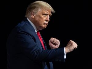 US President Donald Trump dances at the end of a Make America Great Again rally as he campaigns in Gastonia, North Carolina, October 21, 2020. SAUL LOEB / AFP