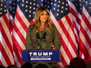 First Lady Melania Trump speaks to President Trump's supporters at a Make America Great Again event in Atglen, Pennsylvania, on October 27, 2020. GABRIELLA AUDI / AFP