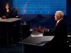 emocratic vice presidential nominee Sen. Kamala Harris (D-CA) and U.S. Vice President Mike Pence participate in the vice presidential debate at the University of Utah on October 7, 2020 in Salt Lake City, Utah. POOL / GETTY IMAGES NORTH AMERICA / Getty Images via AFP