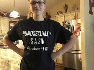 A 15-year-old girl from Tennessee who wore a shirt saying 'Homosexuality is a sin' was kicked out of her school class because the shirt had 'sexual connotations'. (Twitter)