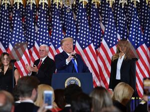 US President Donald Trump arrives to speak, flanked by Karen Pence, US Vice President Mike Pence and US First Lady Melania Trump. during election night in the East Room of the White House in Washington, DC, early on November 4, 2020. MANDEL NGAN / AFP