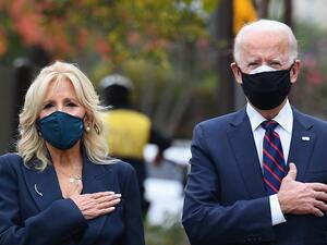 US President-elect Joe Biden and his wife Jill Biden pay their respects during a Veterans Day stop at the Korean War Memorial Park in Philadelphia, Pennsylvania on November 11, 2020. The leaders of close US allies on November 10, 2020 telephoned President-elect Joe Biden and pledged to work together but in an extraordinary break, America's top diplomat Mike Pompeo insisted that Donald Trump would remain in power. The transition team said Biden planned to work with the Europeans on fighting the Covid-19 pandemic as well as climate change -- one of many areas on which Trump sharply differed with the allies. Angela Weiss / AFP US President-elect Joe Biden and his wife Jill Biden pay their respects during a Veterans Day stop at the Korean War Memorial Park in Philadelphia, Pennsylvania on November 11, 2020. The leaders of close US allies on November 10, 2020 telephoned President-elect Joe Biden and pledged to work together but in an extraordinary break, America's top diplomat Mike Pompeo insisted that Donald Trump would remain in power. The transition team said Biden planned to work with the Europeans on fighting the Covid-19 pand