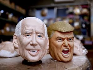 Rubber masks of US President-elect Joe Biden (L) and US President Donald Trump are seen at the Ogawa Studios mask factory in Saitama, north of Tokyo on November 12, 2020. Behrouz MEHRI / AFP