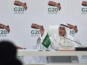 Saudi G20 Sherpa Fahad Al Mubarak addresses a press conference at the G20 summit's Media Center in the capital Riyadh, on November 22, 2020. FAYEZ NURELDINE / AFP