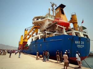 A UN aid ship docked in Yemen's devastated port city of Aden last July (World Food Programme/AFP)