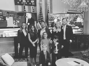Donald Trump's family and special guests trickled into the White House Tuesday evening for a glamorous election viewing party as they wait for the big announcement. Donald Trump Jr shared an Instagram snap of the elaborate viewing party posing with his siblings Eric and Ivanka Trump and their children saying: 'In the game. Let's do this.' (Instagram)