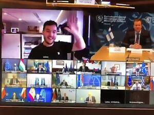 He waved enthusiastically and was clearly shocked as the EU foreign policy chief Josep Borrell asked him how he was. He said: 'Hi, I'm fine, how are you?' (Twitter)