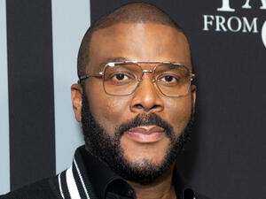 The food is being given out on filmmaker Tyler Perry's studio lot.