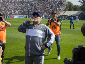 The greeting of Diego Armando Maradona in his debut as coach of Gimnasia y Esgrima de La Plata. (Shutterstock/ File Photo)