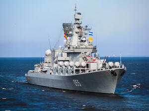 A line of modern russian military naval battleships warships in the row, northern fleet and baltic sea fleet in the open sea. (Shutterstock/ File Photo)