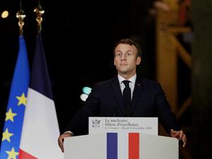 French President Emmanuel Macron addresses employees of the French nuclear reactor manufacturer Framatome production site in Le Creusot, central France, during a visit on December 8, 2020. Laurent Cipriani / POOL / AFP