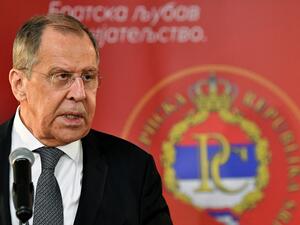 Russian Foreign Minister, Sergey Lavrov addresses journalists after meeting with chairman of Bosnia and Herzegovina's tripartite presidency, Milorad Dodik, in East-Sarajevo, on December 14, 2020. Minister Lavrov arrived in two-day official visit to Bosnia and Herzegovina, where he is scheduled to hold several meetings with country's top officials. ELVIS BARUKCIC / AFP