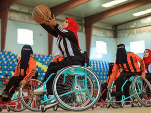 Yemeni women play during a local wheelchair basketball championship in Sana’a, December 8. (AFP)