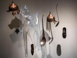 Katinka Bock, Possible Confusions, 2020. Coppersmiths: Selami Zan, Nejat Kilic. Tailors: Tulug Unluturk, Celalettin Benli. Fabric, PVC, copper, poem. Dimensions variable. (Courtesy of Pera Museum)
