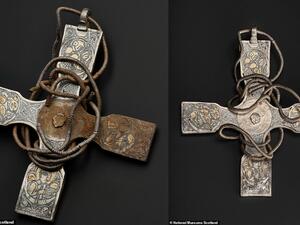 The objects which were dug up were sold to the National Museums Scotland in 2017. Pictured is the cross before its restoration. (National Museums Scotland)