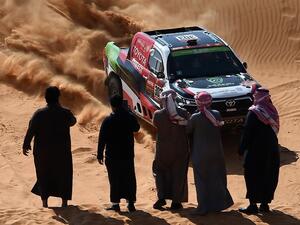 Toyota's driver Yazeed Al Rajhi of Saudi Arabia and co-driver Dirk Von Zitzewitz of Germany compete during the 6th Stage of the Dakar Rally 2021 between Buraydah and Hail, in Saudi Arabia, on January 8, 2021. FRANCK FIFE / AFP