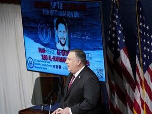 US Secretary of State Mike Pompeo speaks at the National Press Club in Washington,DC on January 12, 2021. US Secretary of State Mike Pompeo alleged Tuesday that arch-enemy Iran has become a new "home base" for Al-Qaeda worse than Afghanistan, an assertion questioned by experts. Andrew Harnik / POOL / AFP