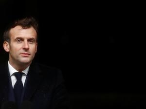 French President Emmanuel Macron delivers his speech to the French frigate Bretagne during the New Year wishes to the military forces in Brest, on January 19, 2021. STEPHANE MAHE / POOL / AFP