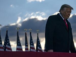 Outgoing US President Donald Trump addresses guests at Joint Base Andrews in Maryland on January 20, 2021. President Trump and the First Lady travel to their Mar-a-Lago golf club residence in Palm Beach, Florida, and will not attend the inauguration for President-elect Joe Biden. ALEX EDELMAN / AFP Outgoing US President Donald Trump addresses guests at Joint Base Andrews in Maryland on January 20, 2021. President Trump and the First Lady travel to their Mar-a-Lago golf club residence in Palm Beach, Florida, and will not attend the inauguration for President-elect Joe Biden. ALEX EDELMAN / AFP