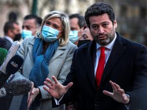 In this file photo taken on January 08, 2021 President of French far-right party Rassemblement National (RN), Marine Le Pen (L) and the leader of Portuguese far-right party Chega, Andre Ventura hold a joint press conference at the Monument to the Fallen in the Great War in Lisbon. The first round of the presidential election will be held on January 24, 2021. The head of the anti-establishment party Chega, MP Andre Ventura, aims to bolster the inroads this new right-wing populist party has made since it ente
