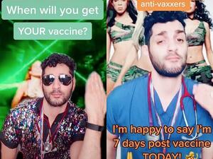 Dr Mark Perera (pictured L-R), from East London, is encouraging others to get the Covid-19 vaccine by dancing to J-Lo and Destiny's Child songs online. (TikTok/Doctorgayuk)